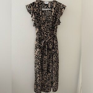 Sienna Sky Faux Wrap Leopard Print Ruffle Sleeve Tie Midi length Dress Small